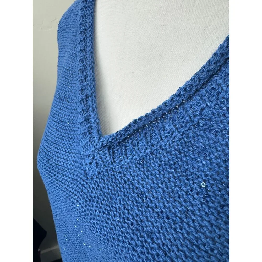 DKNY Jeans Womens 1X Sequin V-Neck Light Sweater Blue Soft Comfortable - Picture 2 of 11